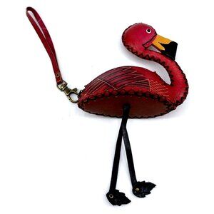 Flamingo Wristlet Leather Purse Figural Hand Crafted Tooled Overstitched 5 x 5"